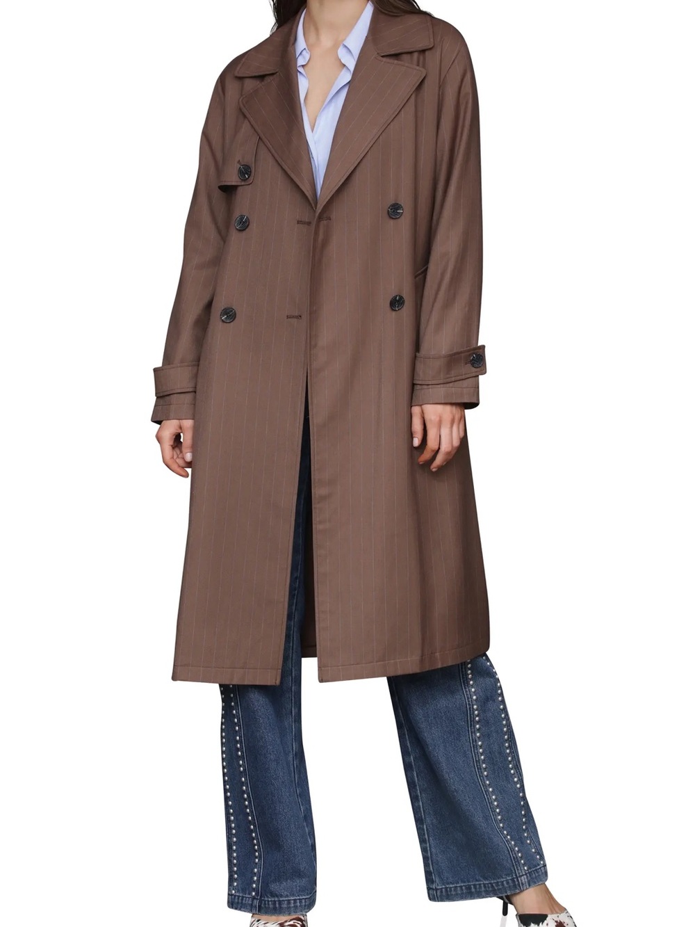 Avec Les Filled Brown Pinstripe Double-Breasted Trench Coat from Nordstrom